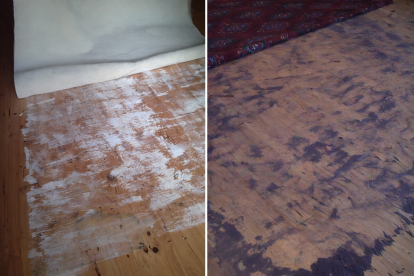 Professional rug dust extraction showing embedded dry soil removed in Exeter workshop