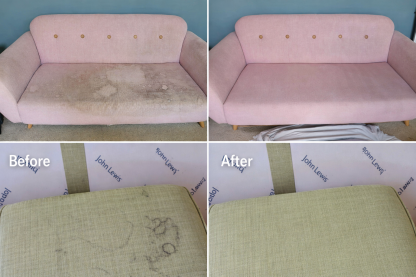 before and after professional upholstery cleaning showing heavy stain removal from fabric sofa and cushion in Exeter Devon
