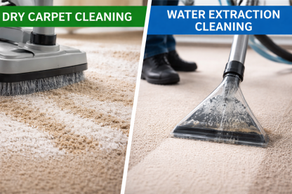 Dry carpet cleaning compound compared with professional water extraction carpet cleaning Caption