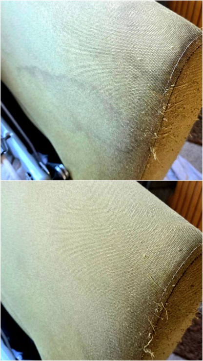 Before and after upholstery cleaning of a heavily worn sofa arm in Exeter