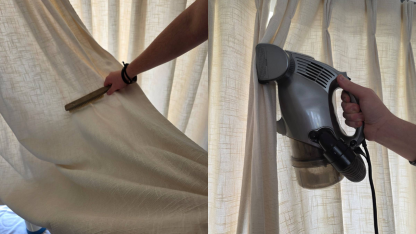 Removing dry soil and dust from fabric curtains