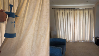 In-situ curtain cleaning dry clean solution being applied